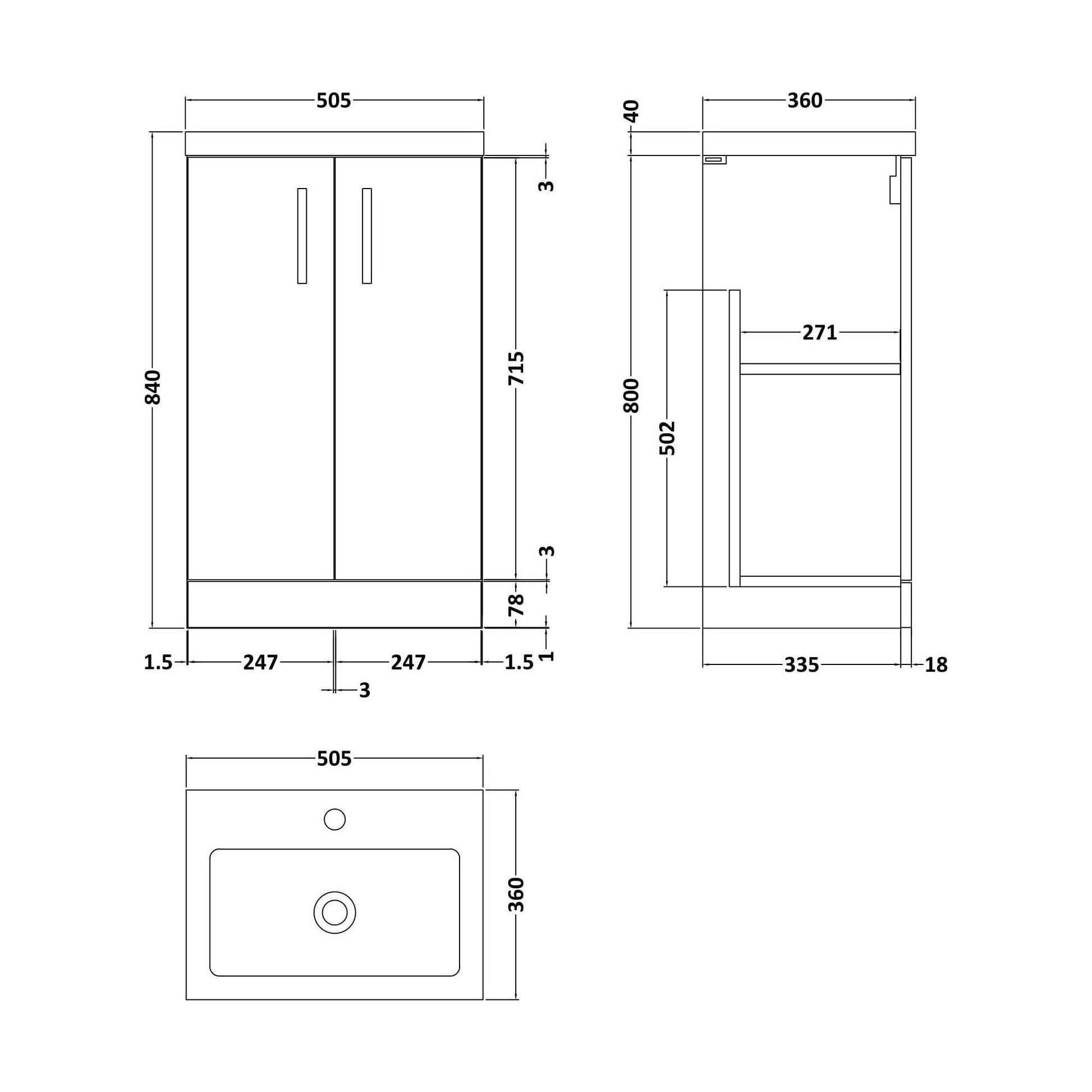 [BFLE034] Bramshall Compact 500mm 2 Door Dark Blue Floor Standing Vanity Unit With Polymarble Basin - Technical Drawing