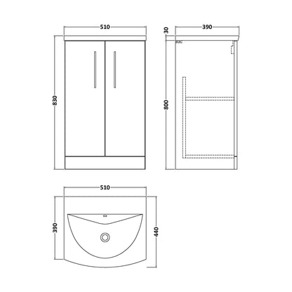 [BFLE101G] Balterley  Contemporary Bathroom 2-Door Floor-Standing Curved Basin Vanity Unit, Gloss White, 500mm - Technical Drawing