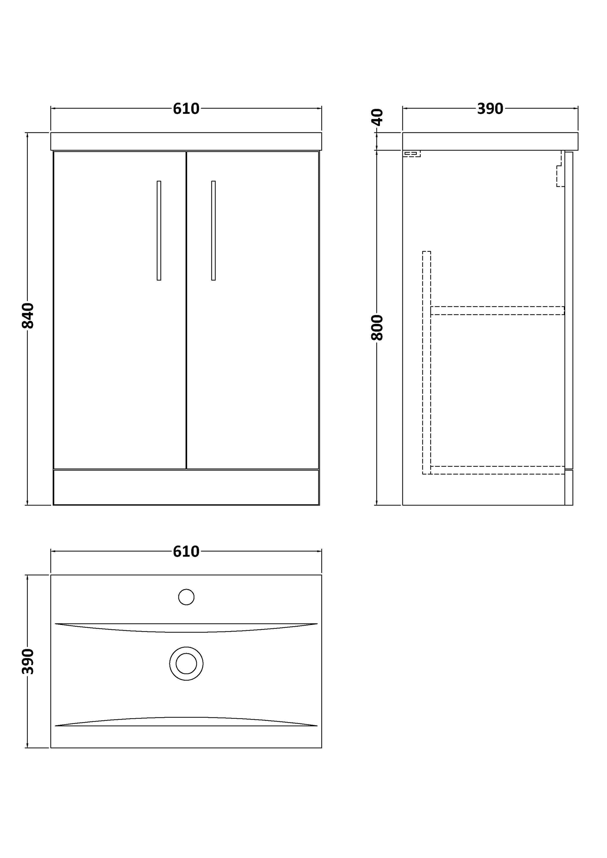 [BFLE103A] Contemporary Floor Standing Vanity Unit with Mid-Edge Basin, Choice of Size - Line Drawing