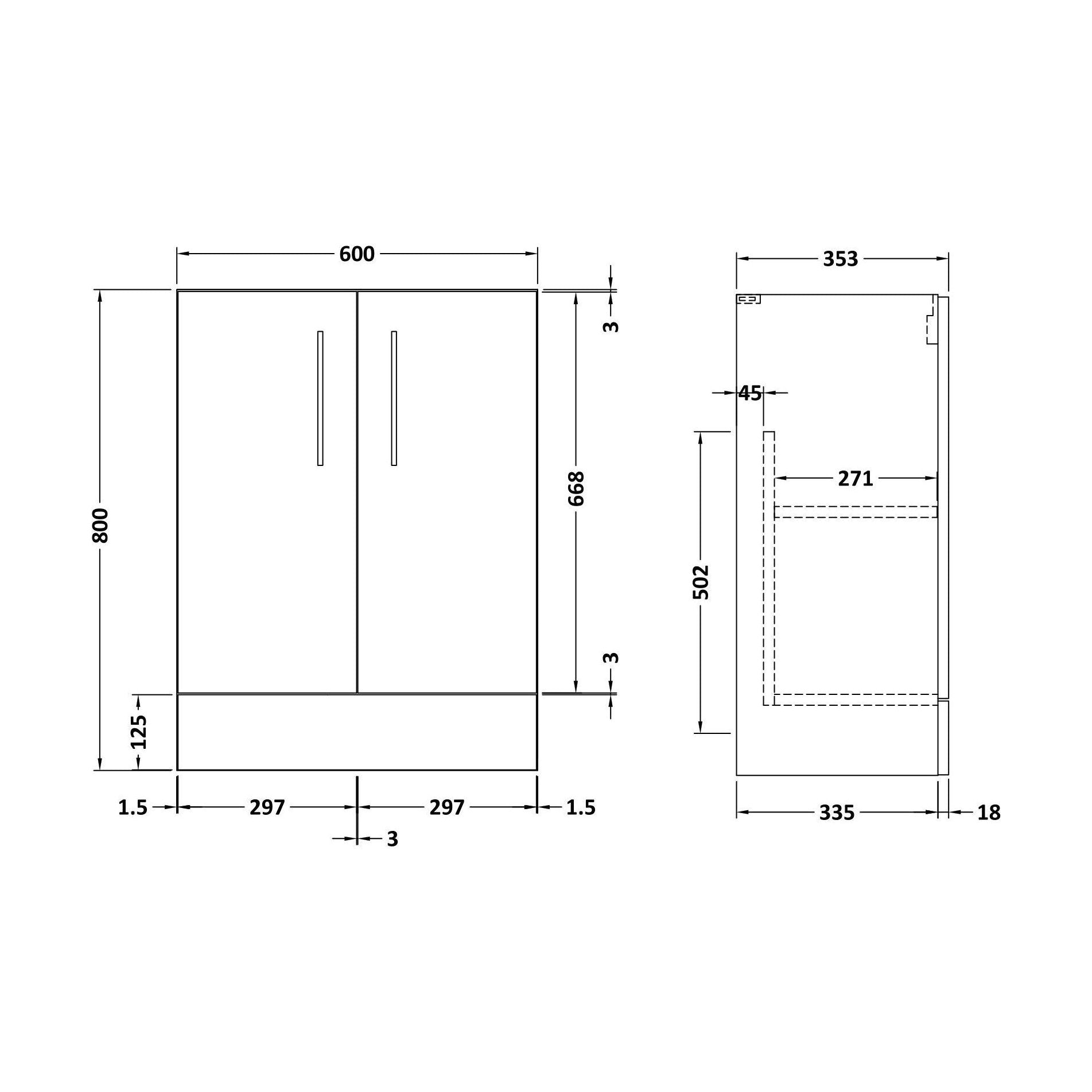 [BFLE103C] 600 FS 2-DOOR UNIT (335 DEEP) - Technical Drawing