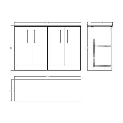 [BFLE103W2] Balterley Level Modern Bathroom 4 Soft Close Door Floor Standing Vanity with Worktop, Rigid & Durable, Gloss White, 1205 mm - Technical Drawing