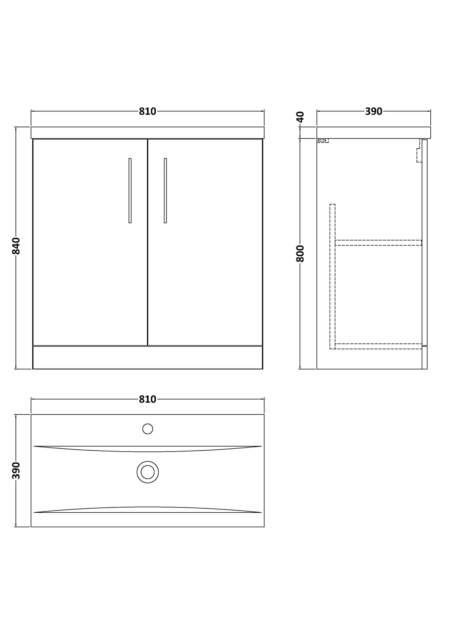 [BFLE105A] Contemporary Floor Standing Vanity Unit with Mid-Edge Basin, Choice of Size - Line Drawing