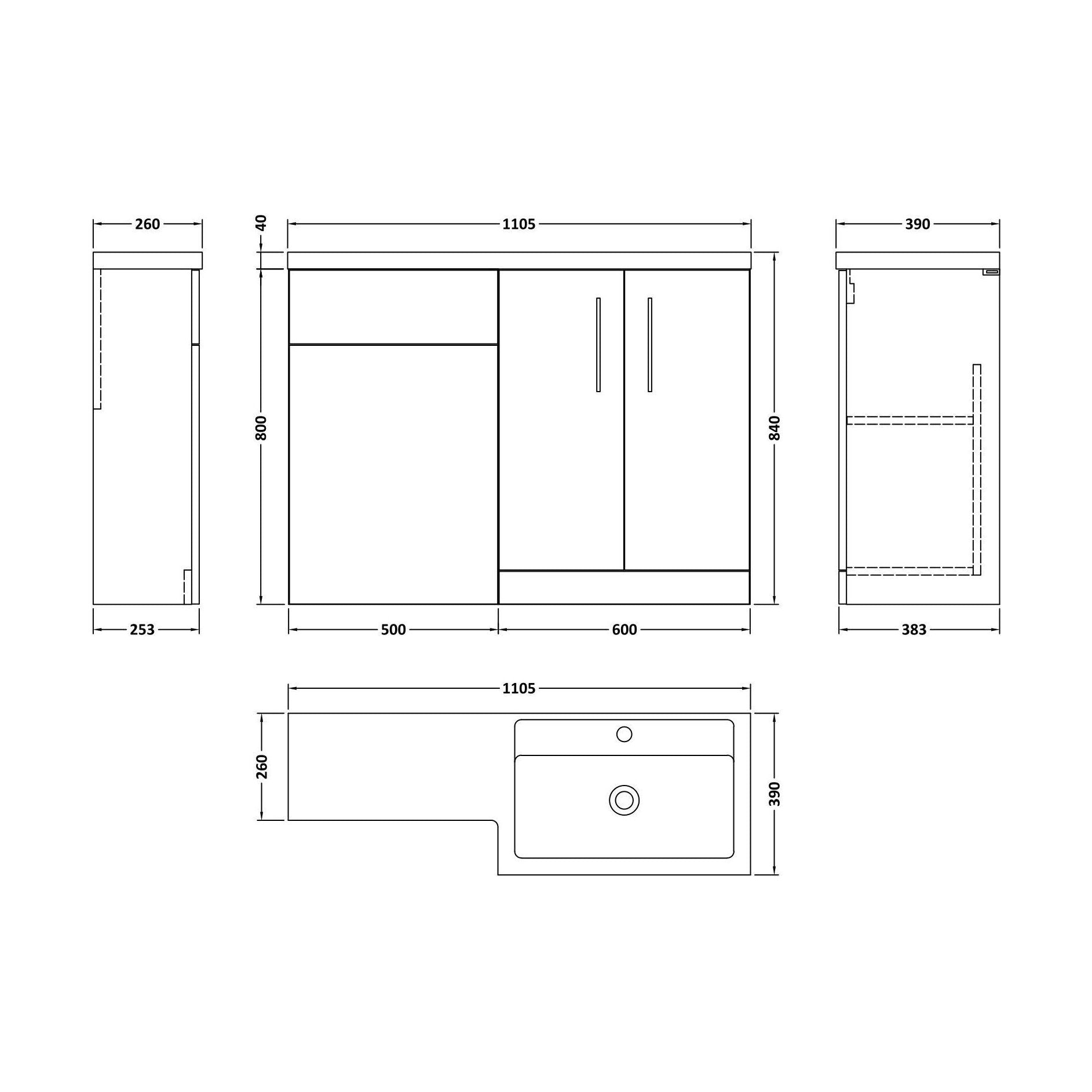 [BFLE111RH017] Bramshall Combination Vanity Unit with Basin & WC, Right Hand, 1100mm x 390mm - Choice of Colour and Handle Finish - Technical Drawing
