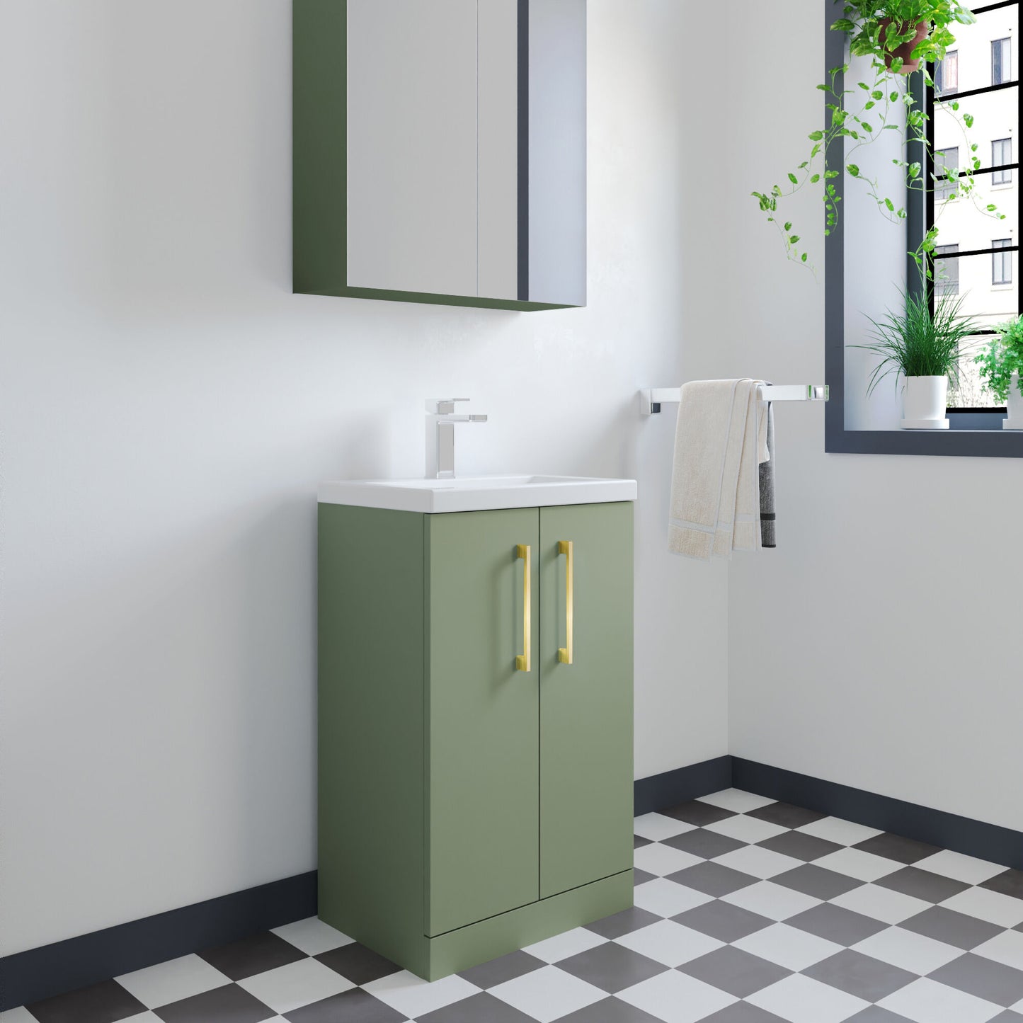 [BFLE118H017] Bramshall Contemporary Compact Floor Standing Vanity Basin Unit with Polymarble Basin, 500mm, Choice of Colour and Handle Finish - Lifestyle 3