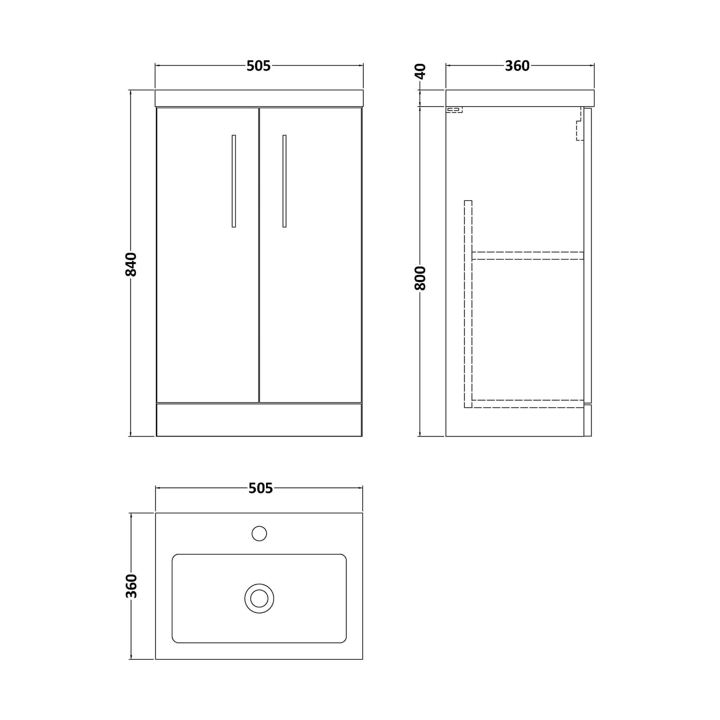 [BFLE118] Balterley Level Compact Bathroom Cloakroom Vanity Basin Unit with Polymarble Basin, Chrome Handles, 500mm, Satin Green - Technical Drawing