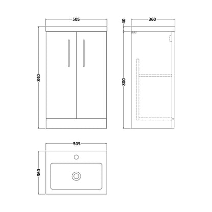 [BFLE118] Balterley Level Compact Bathroom Cloakroom Vanity Basin Unit with Polymarble Basin, Chrome Handles, 500mm, Satin Green - Technical Drawing