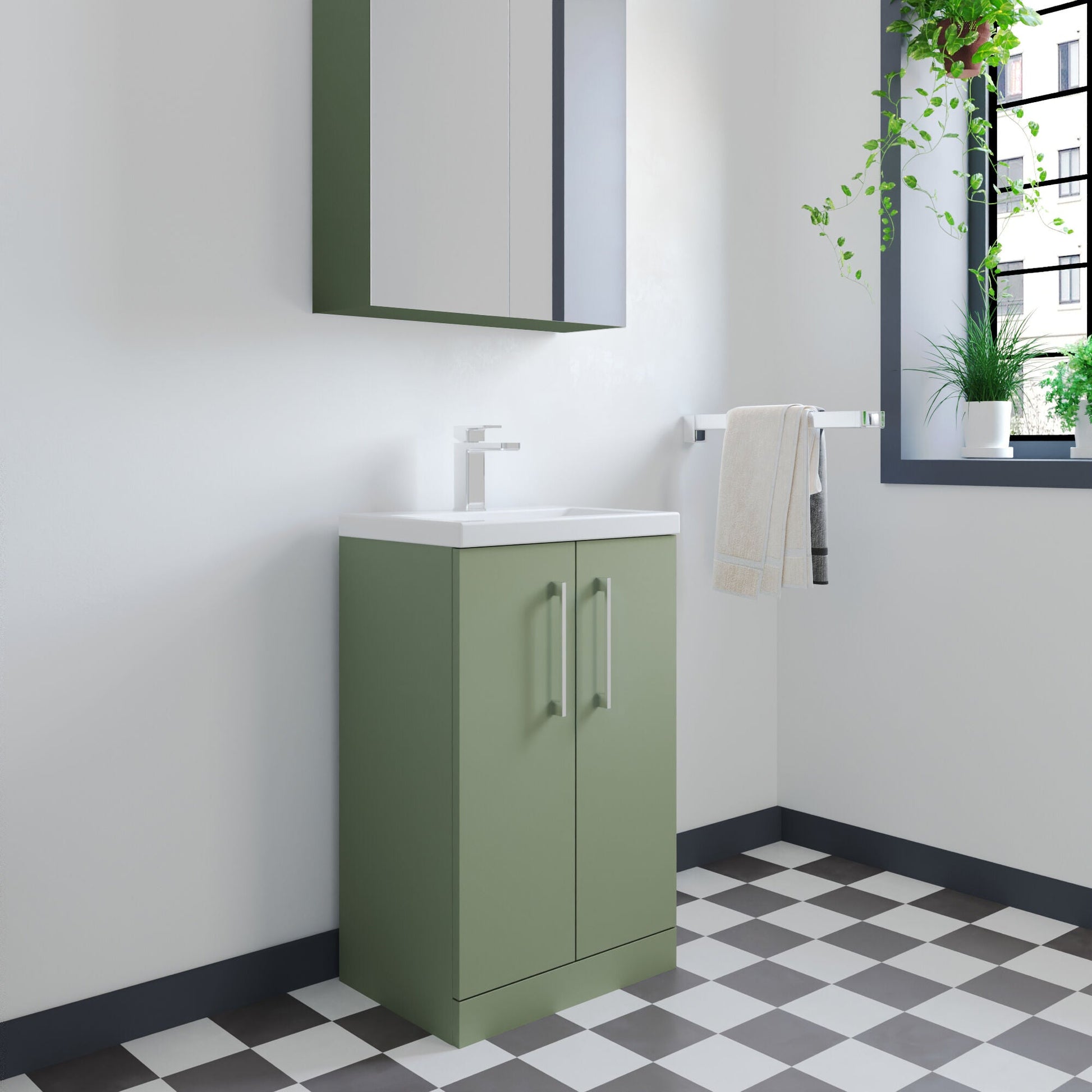 [BFLE118] Balterley Level Compact Bathroom Cloakroom Vanity Basin Unit with Polymarble Basin, Chrome Handles, 500mm, Satin Green - Lifestyle 2