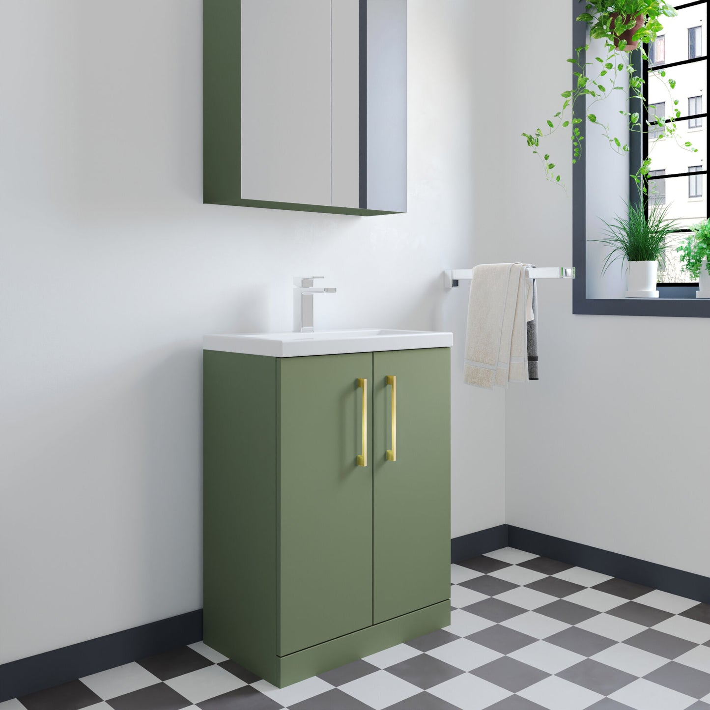 [BFLE119H017] Bramshall Contemporary Compact Floor Standing Vanity Basin Unit with Polymarble Basin, 600mm, Choice of Colour and Handle Finish - Lifestyle 3