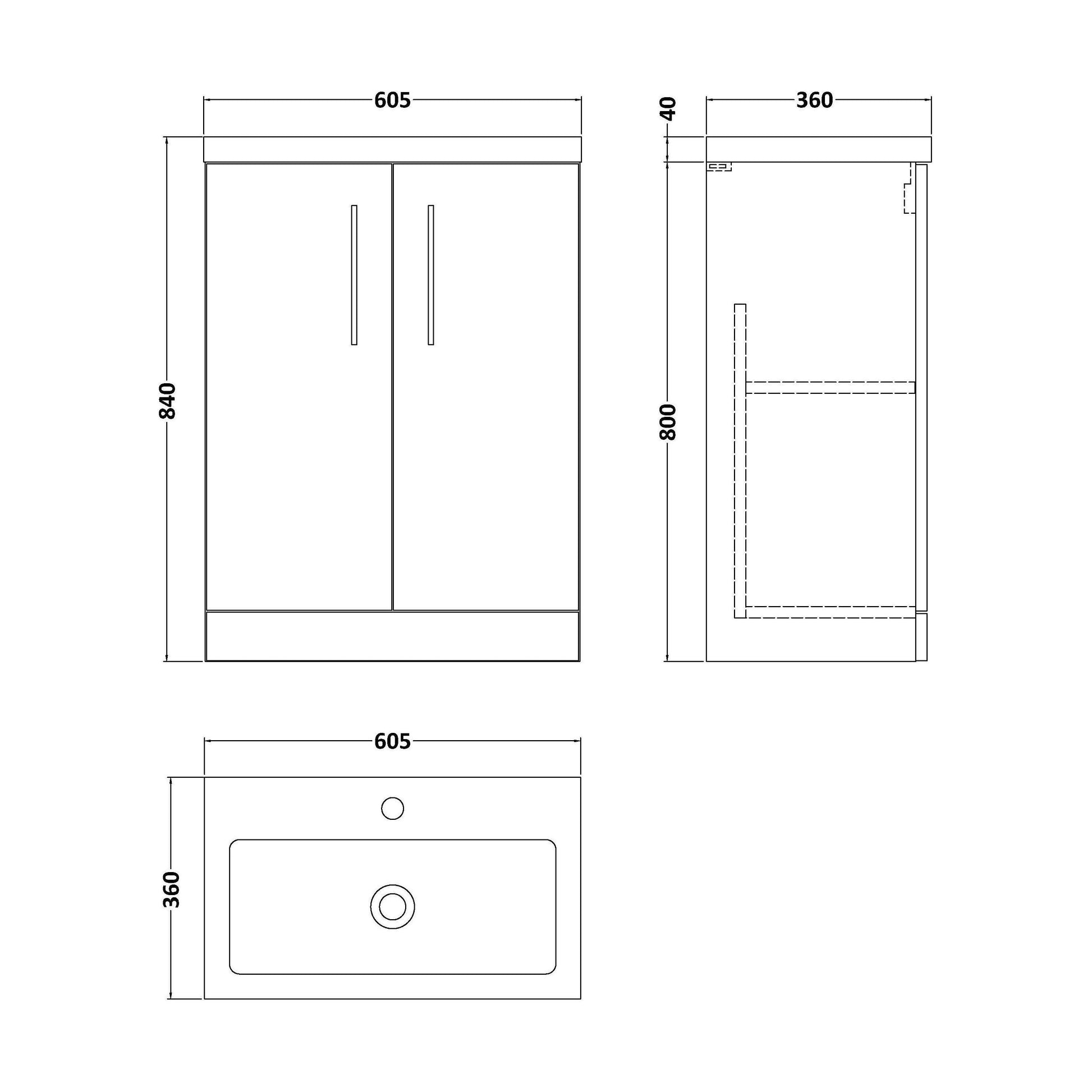 [BFLE119] Balterley Level Compact Bathroom Cloakroom Vanity Basin Unit with Polymarble Basin, Chrome Handles, 600mm, Satin Green - Technical Drawing