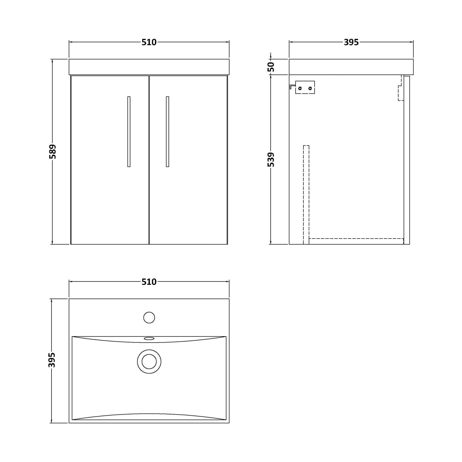 [BFLE121D] Balterley  Contemporary Bathroom 2 Soft Close Door & Thin-Edge Vanity Unit Basin, Gloss White, 500mm - Technical Drawing