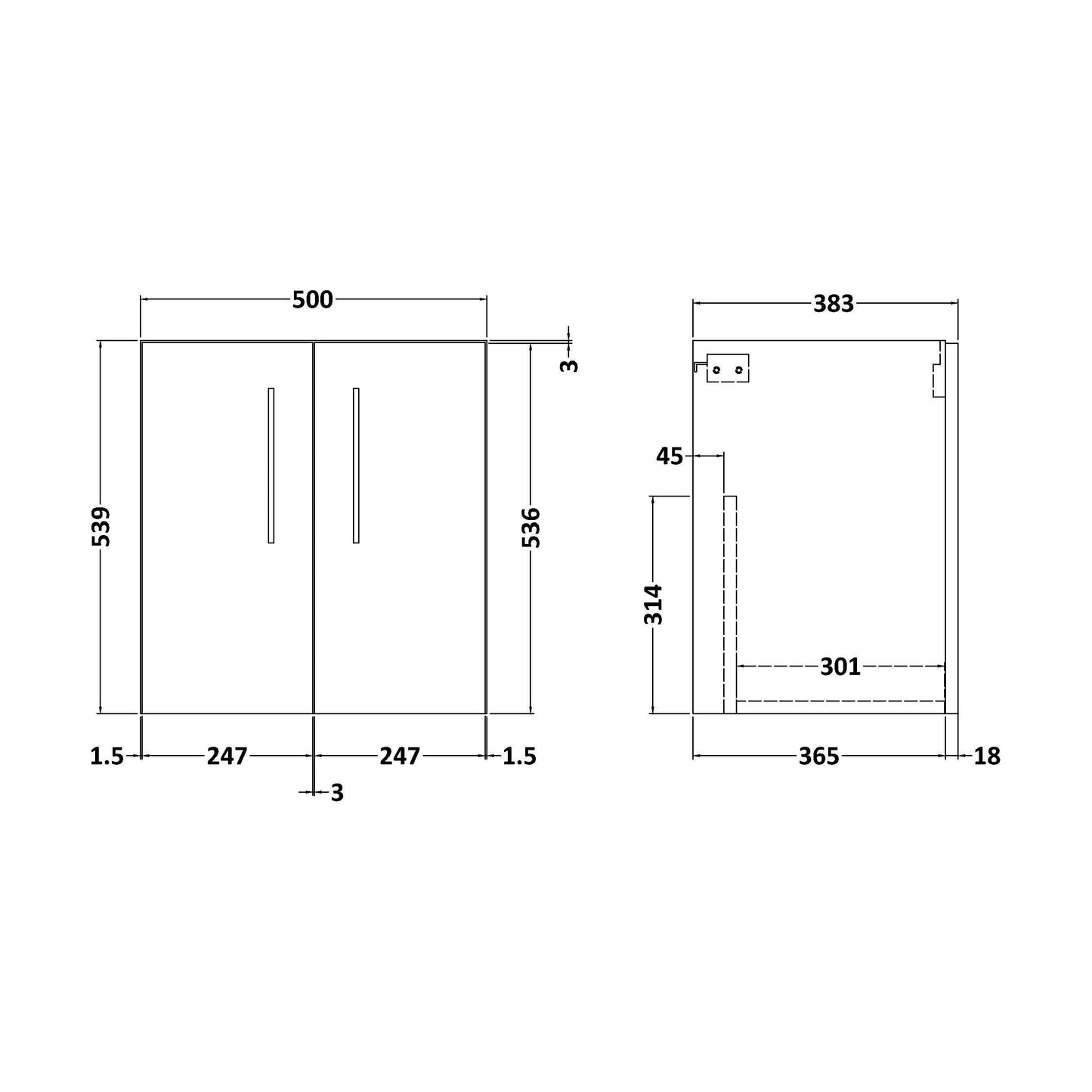 [BFLE121F] 500 WH 2-DOOR UNIT (365 DEEP) - Technical Drawing