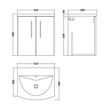 [BFLE121G] Bramshall Contemporary 2 Door Wall Hung Vanity Unit with Curved Basin, Gloss White, 500mm - Technical Drawing
