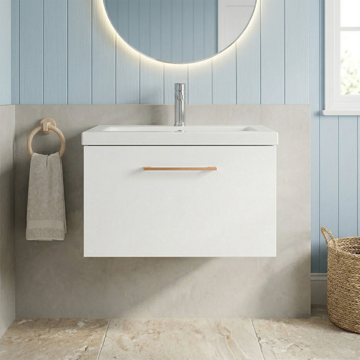 [BFLE122AH019] Bramshall Wall Hung 1 Drawer Vanity Unit with Mid-Edge Ceramic Basin - Choice of Colour, Handle Finish and Size - Silo