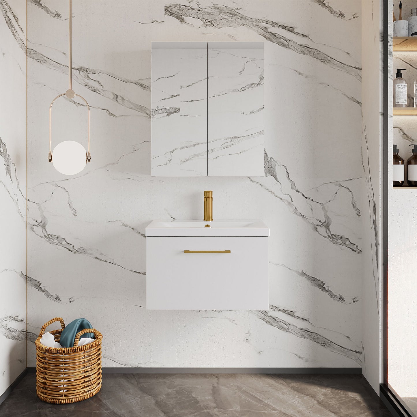 [BFLE122AH1516] Bramshall Wall Hung 1 Drawer Vanity Unit with Mid-Edge Ceramic Basin - Choice of Colour, Handle Finish and Size - Lifestyle 1