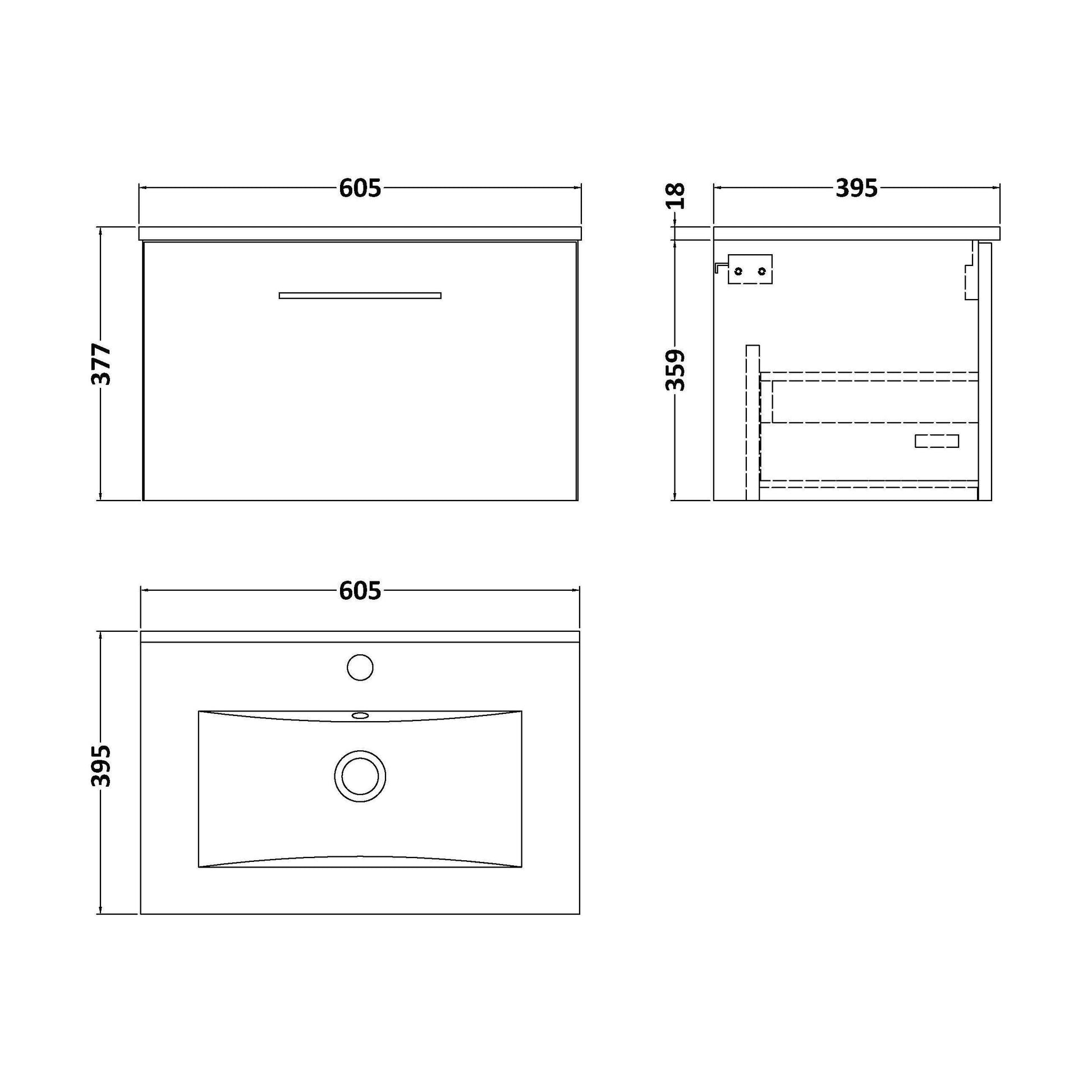 [BFLE122B] Balterley  Modern Bathroom 1 Soft Close Drawer & Minimalist Wall Hung Vanity Unit Basin, Gloss White, 440mm - Technical Drawing