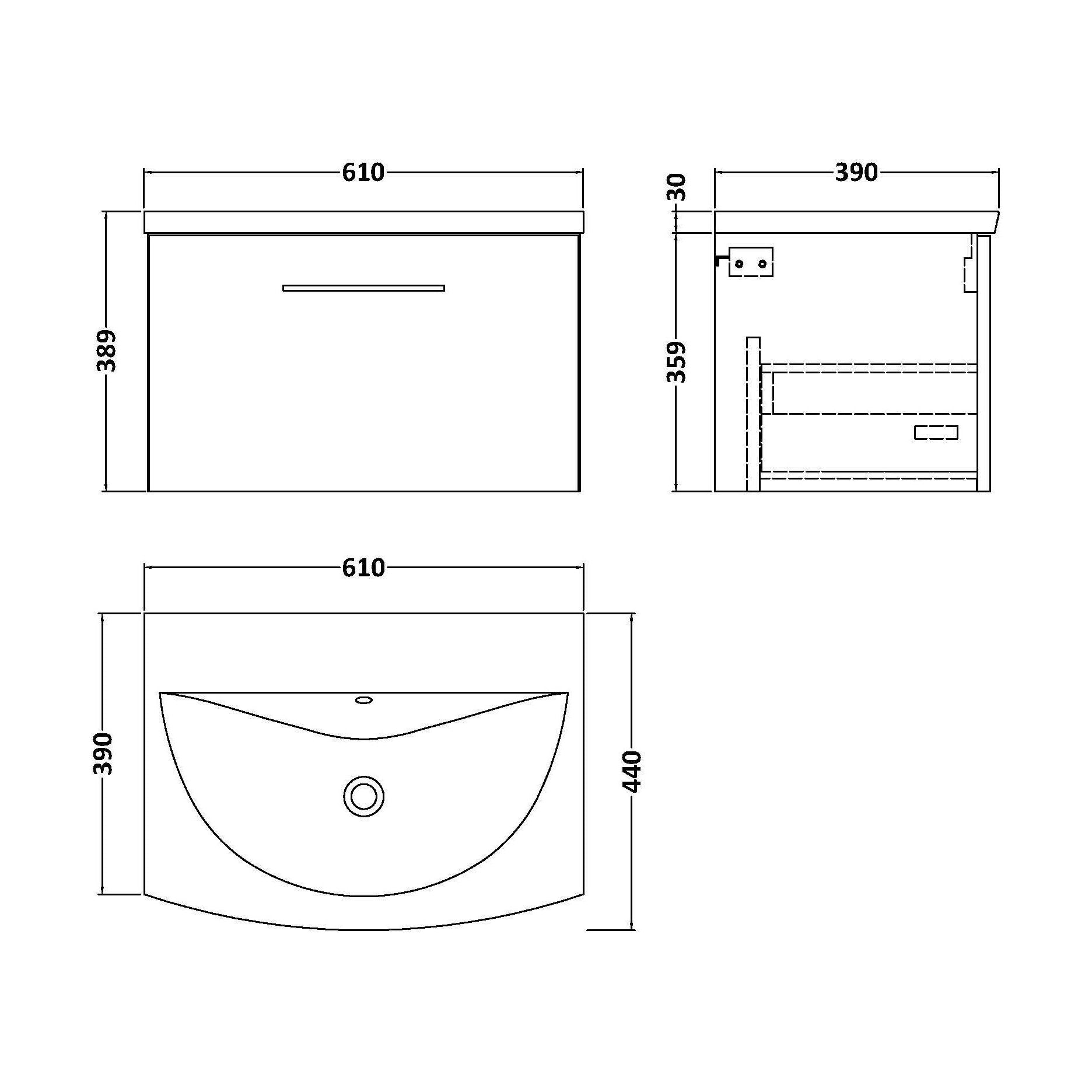[BFLE122G] Bramshall Contemporary 1 Drawer Wall Hung Vanity Unit with Curved Basin, Gloss White, 600mm - Technical Drawing