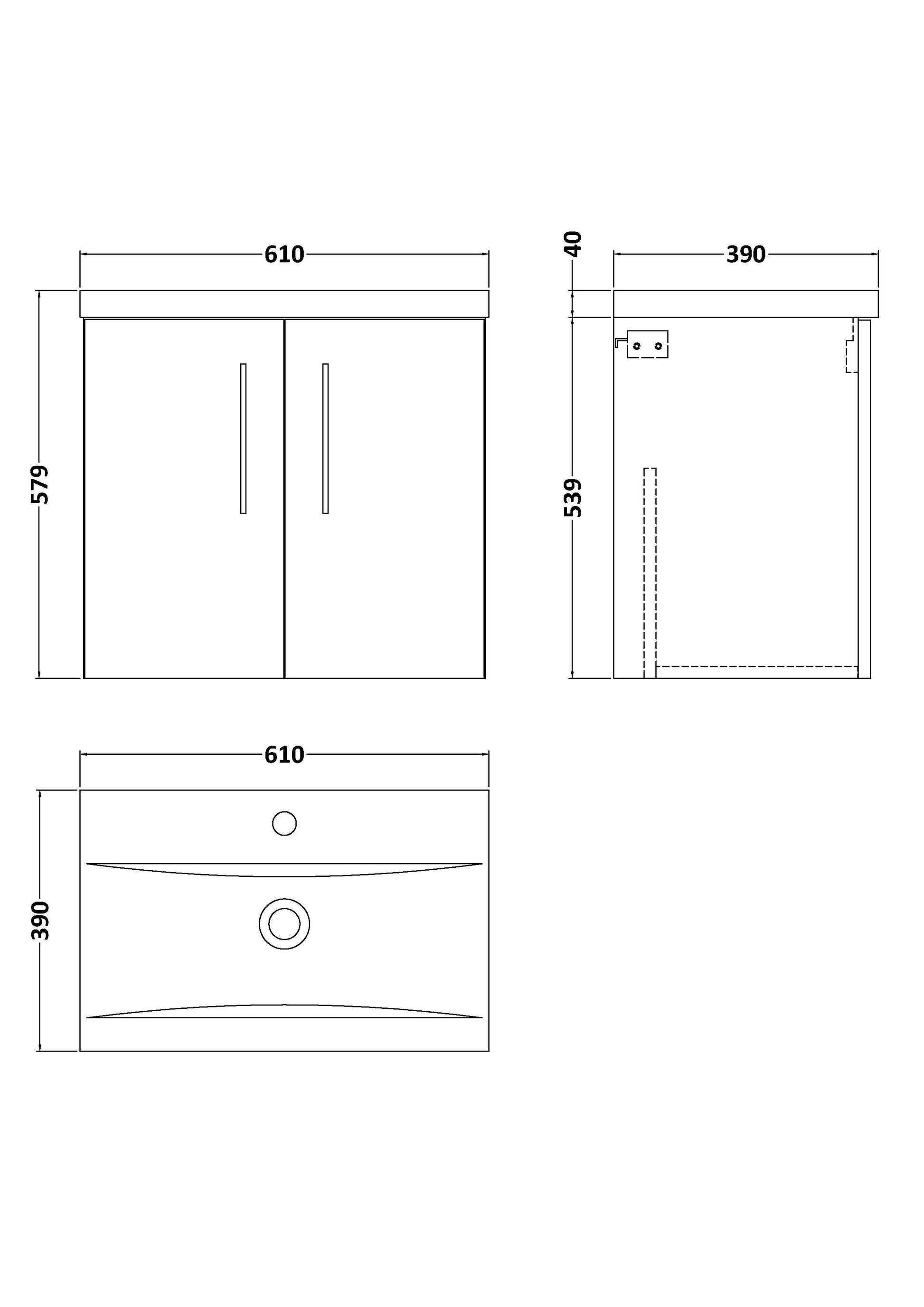 [BFLE123A] Bramshall Contemporary 2 Door Wall Hung Vanity Basin Unit with Mid-Edge Basin, Choice of Size and Colour - Line Drawing