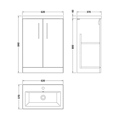 [BFLE123E] Balterley Level Compact Bathroom Cloakroom Vanity Basin Unit with Ceramic Basin, Chrome Handles, 600mm, Mid Oak - Technical Drawing