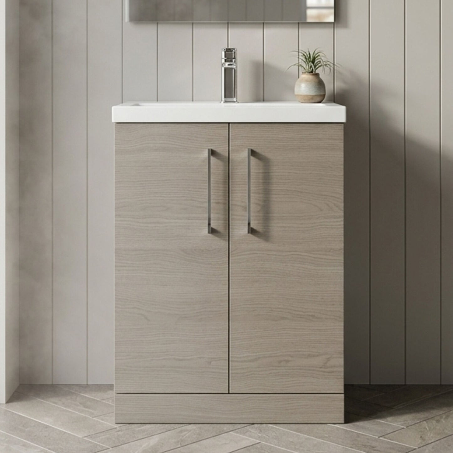 [BFLE123E] Balterley Level Compact Bathroom Cloakroom Vanity Basin Unit with Ceramic Basin, Chrome Handles, 600mm, Mid Oak - Silo