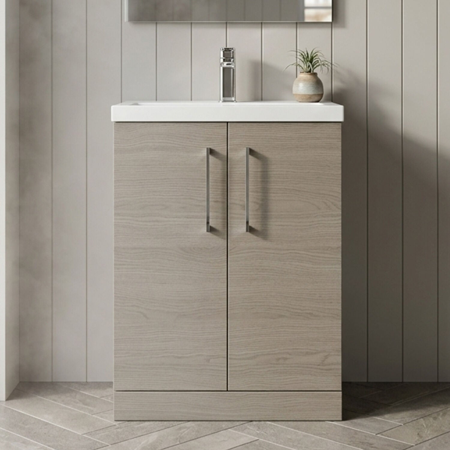[BFLE123E] Balterley Level Compact Bathroom Cloakroom Vanity Basin Unit with Ceramic Basin, Chrome Handles, 600mm, Mid Oak - Silo