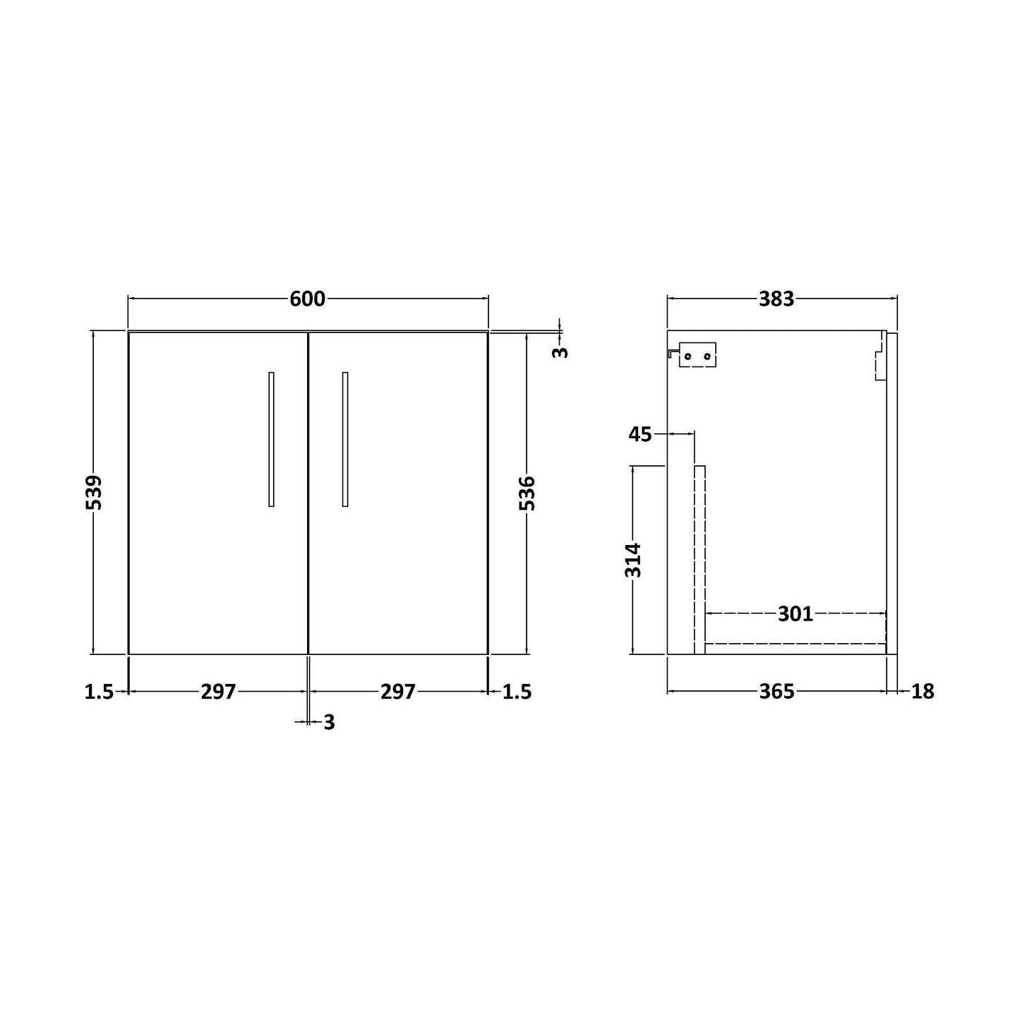[BFLE123F] 600 WH 2-DOOR UNIT (365 DEEP) - Technical Drawing