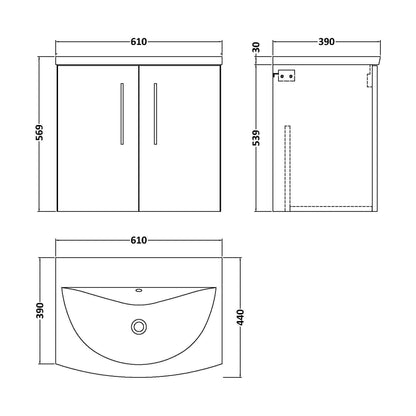[BFLE123G] Bramshall Contemporary 2 Door Wall Hung Vanity Unit with Curved Basin, Gloss White, 600mm - Technical Drawing