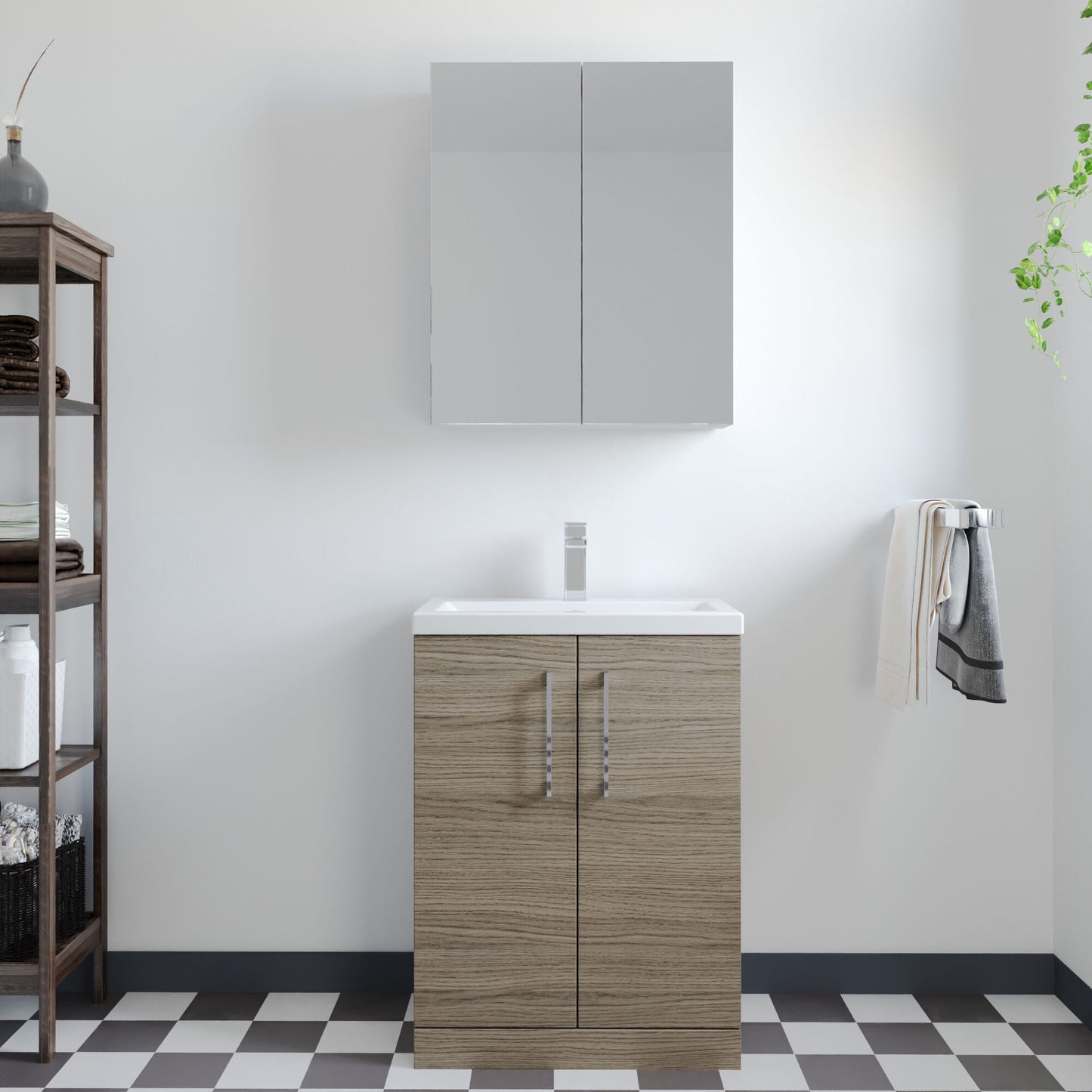 [BFLE123] Balterley Level Compact Bathroom Cloakroom Vanity Basin Unit with Polymarble Basin, Chrome Handles, 600mm, Mid Oak - Lifestyle 1