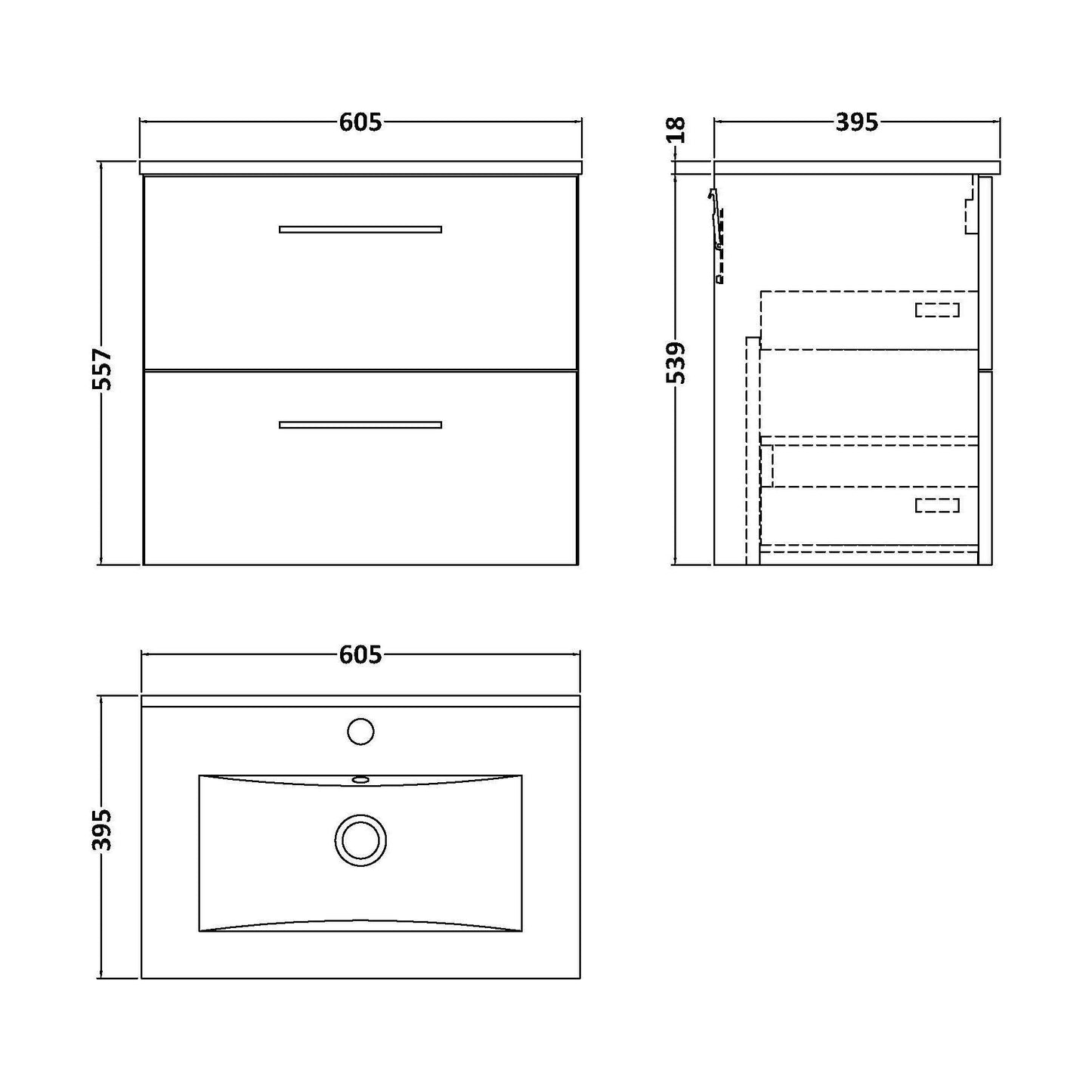 [BFLE124B] Balterley  Modern Bathroom 2 Soft Close Drawer & Minimalist Wall Hung Vanity Unit Basin, Gloss White, 440mm - Technical Drawing