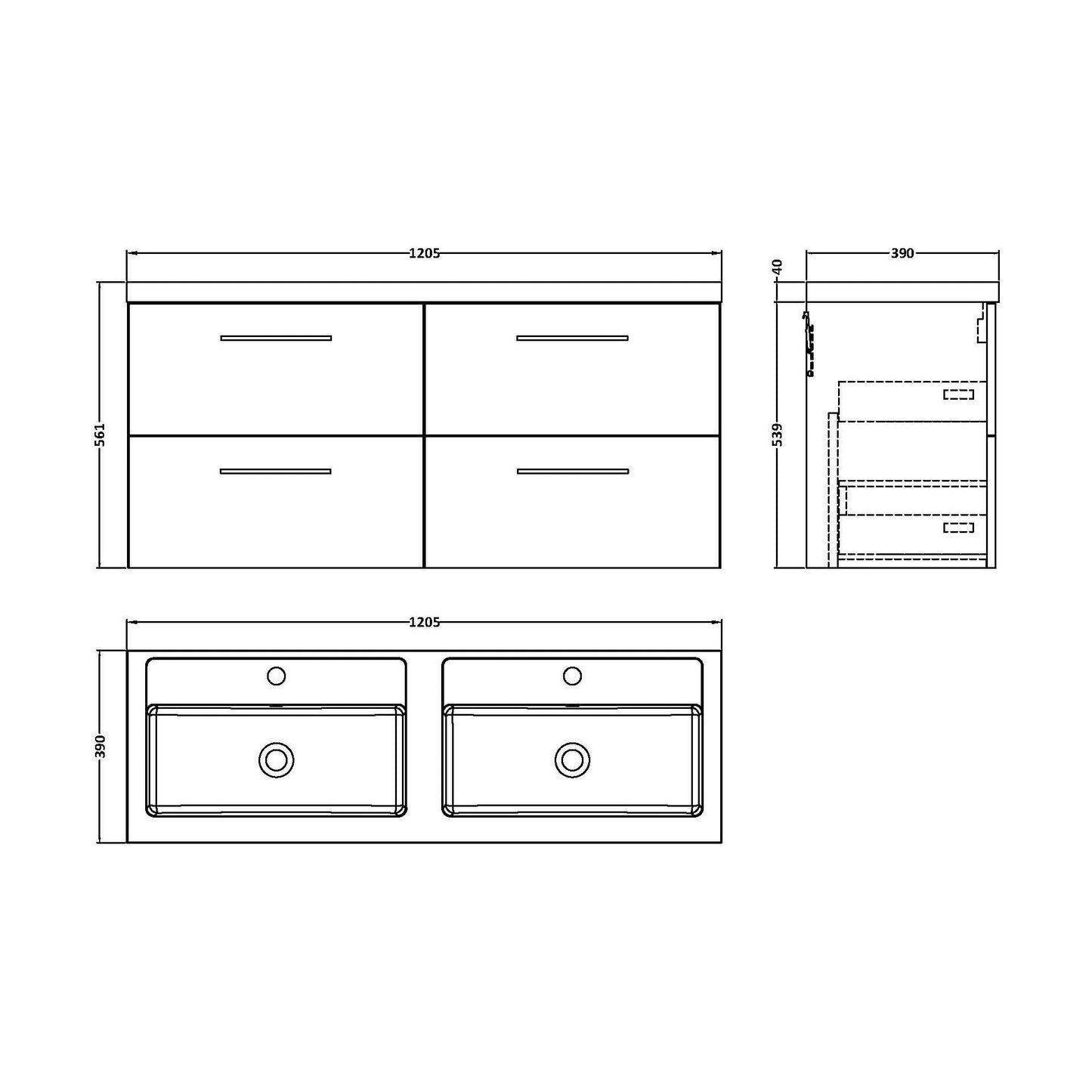 [BFLE124C2] Balterley Level 1200mm Wall Hung 4-Drawer Vanity Unit with Double Basin for Modern Bathroom Storage - Gloss White - Technical Drawing