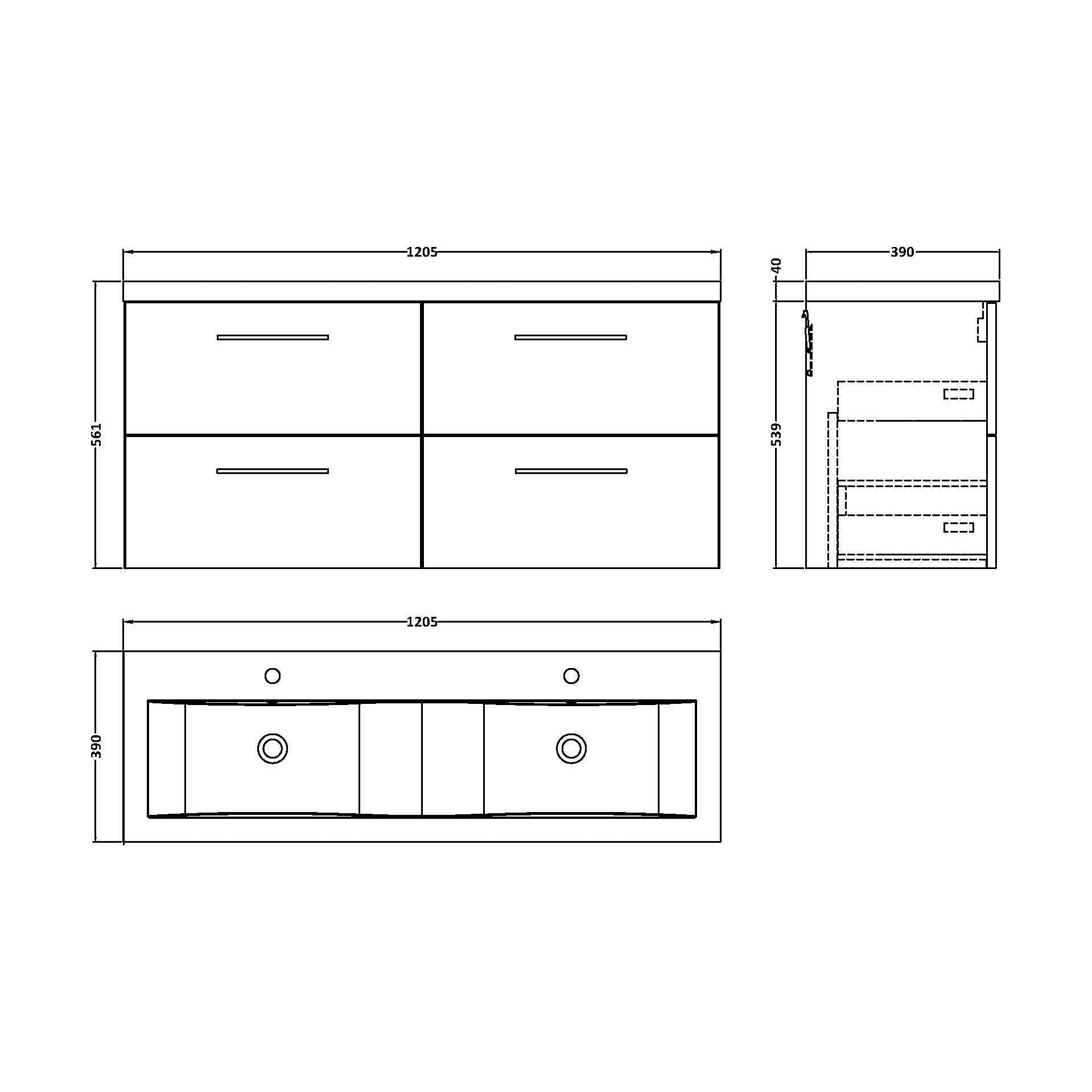 [BFLE124F2] Balterley Level 1200mm Wall Hung 4-Drawer Vanity Unit with Double Basin for Modern Bathroom Storage - Gloss White - Technical Drawing