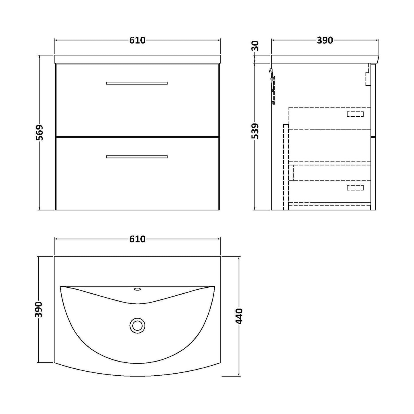 [BFLE124G] Bramshall Contemporary 2 Drawer Wall Hung Vanity Unit with Curved Basin, Gloss White, 600mm - Technical Drawing