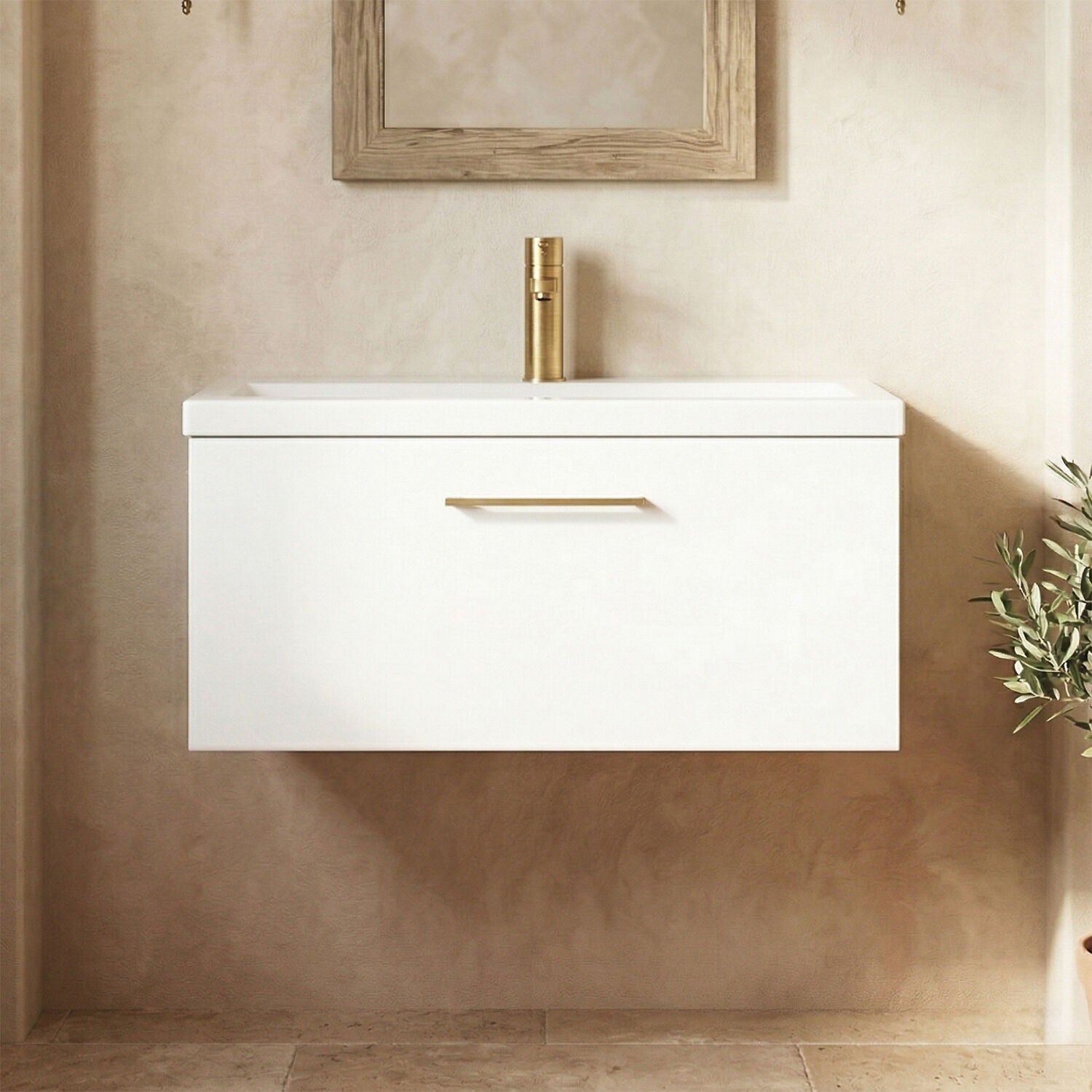 [BFLE125AH017] Bramshall Wall Hung 1 Drawer Vanity Unit with Mid-Edge Ceramic Basin - Choice of Colour, Handle Finish and Size - Silo