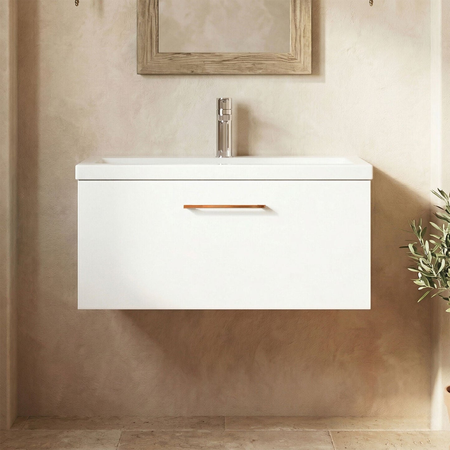 [BFLE125AH019] Bramshall Wall Hung 1 Drawer Vanity Unit with Mid-Edge Ceramic Basin - Choice of Colour, Handle Finish and Size - Silo