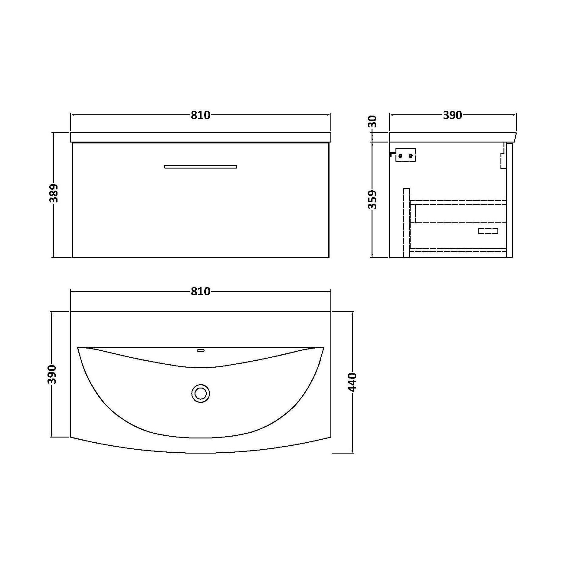 [BFLE125G] Bramshall Contemporary 1 Drawer Wall Hung Vanity Unit with Curved Basin, Gloss White, 800mm - Technical Drawing