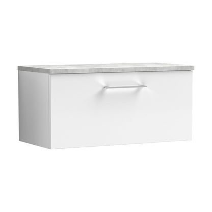 [BFLE125LBG] Balterley Level 800mm Wall Hung Single Drawer Vanity Unit with Laminate Worktop for Compact Modern Bathroom Storage - Gloss White - Cutout