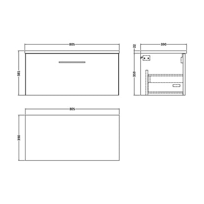 [BFLE125LCM] Balterley Level 800mm Wall Hung 1 Drawer Vanity Unit with Laminate Worktop for Compact Modern Bathroom Storage - Gloss White - Technical Drawing