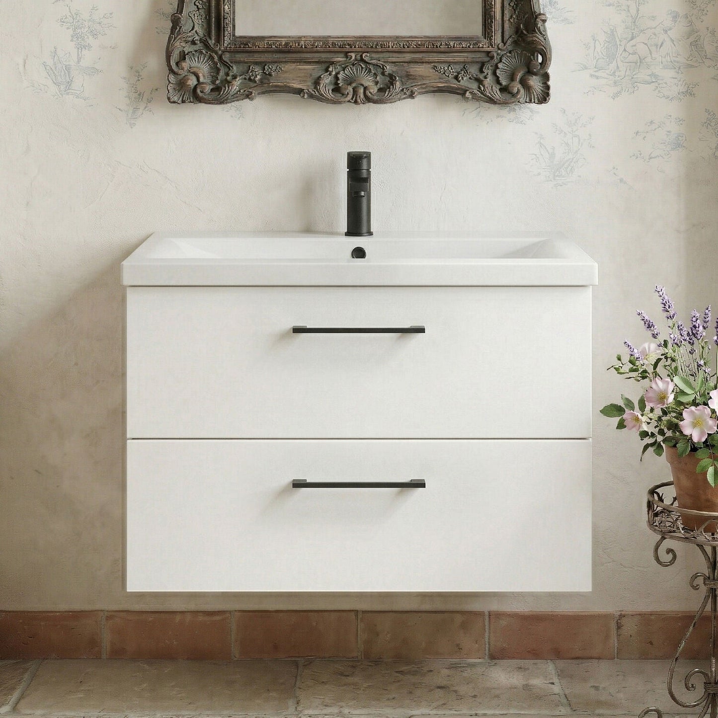 [BFLE126AH018] Bramshall Wall Hung 2 Drawer Vanity Unit with Mid-Edge Ceramic Basin - Choice of Colour, Handle Finish and Size - Silo