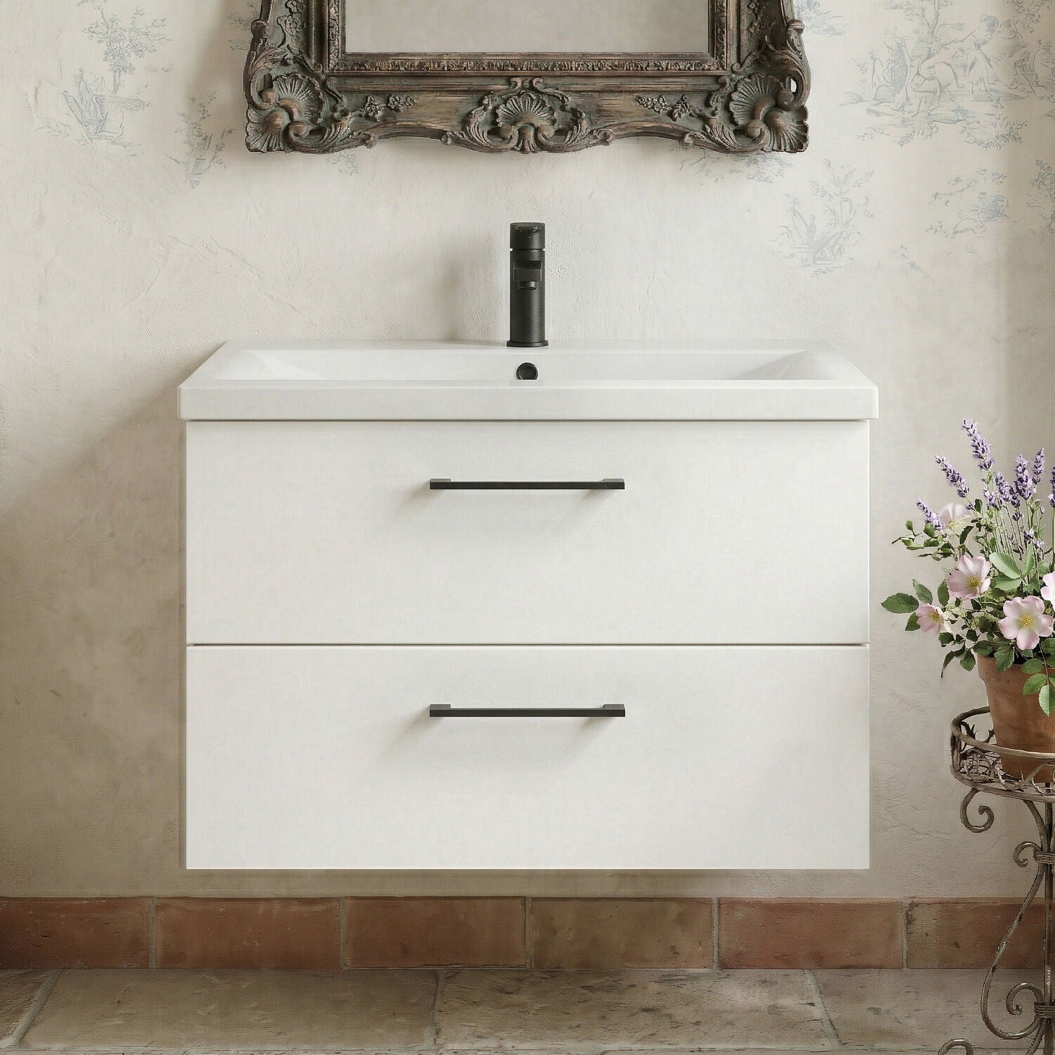 [BFLE126AH018] Bramshall Wall Hung 2 Drawer Vanity Unit with Mid-Edge Ceramic Basin - Choice of Colour, Handle Finish and Size - Silo