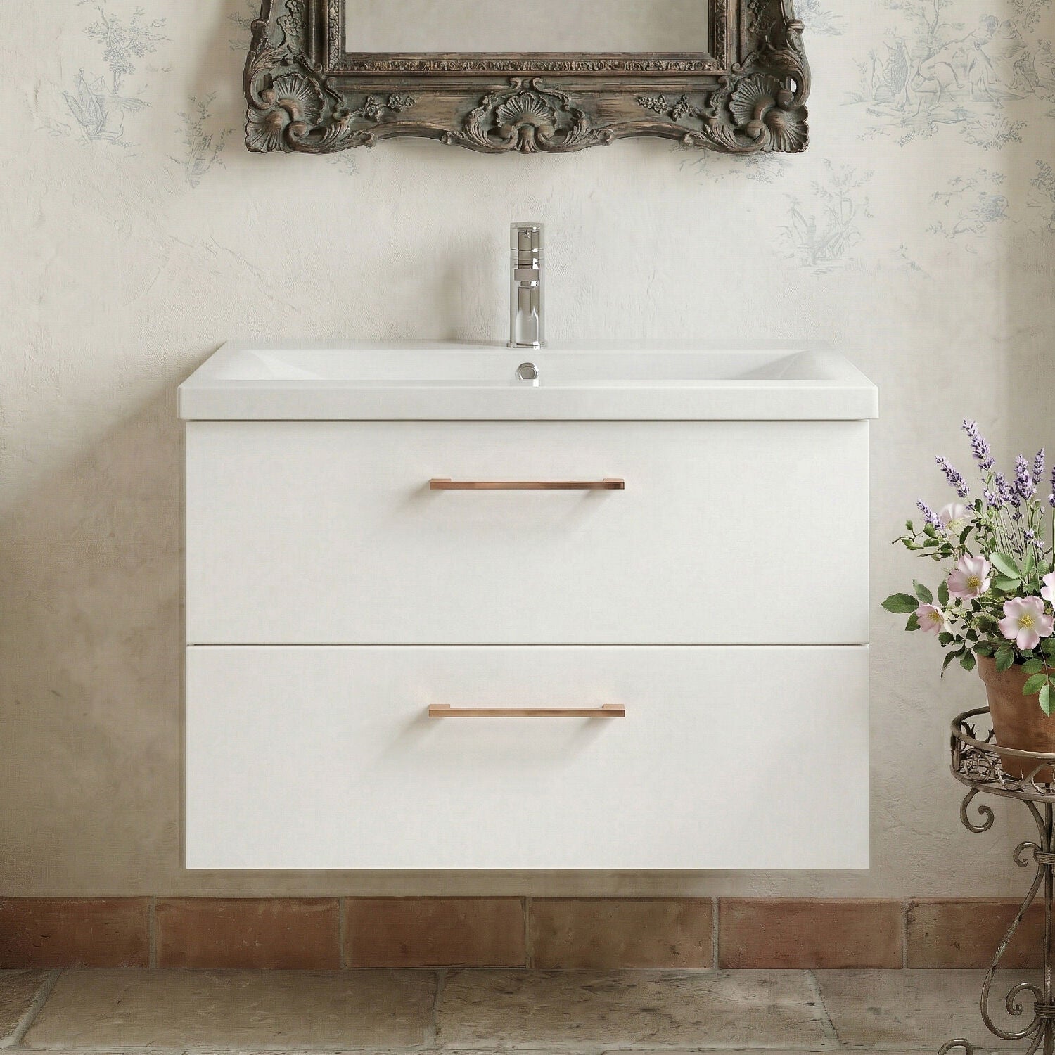 [BFLE126AH019] Bramshall Wall Hung 2 Drawer Vanity Unit with Mid-Edge Ceramic Basin - Choice of Colour, Handle Finish and Size - Silo