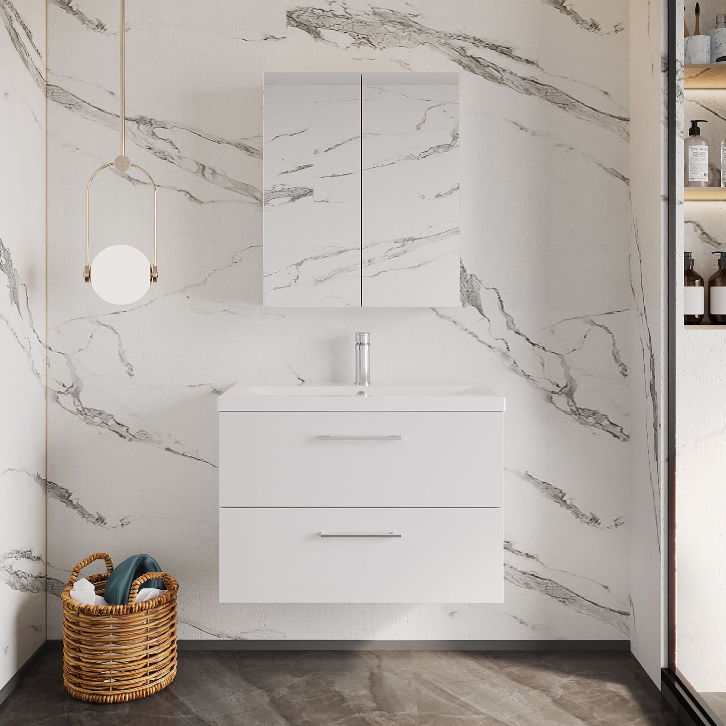 [BFLE126A] Bramshall Wall Hung 2 Drawer Vanity Unit with Mid-Edge Ceramic Basin - Choice of Colour, Handle Finish and Size - Lifestyle 1
