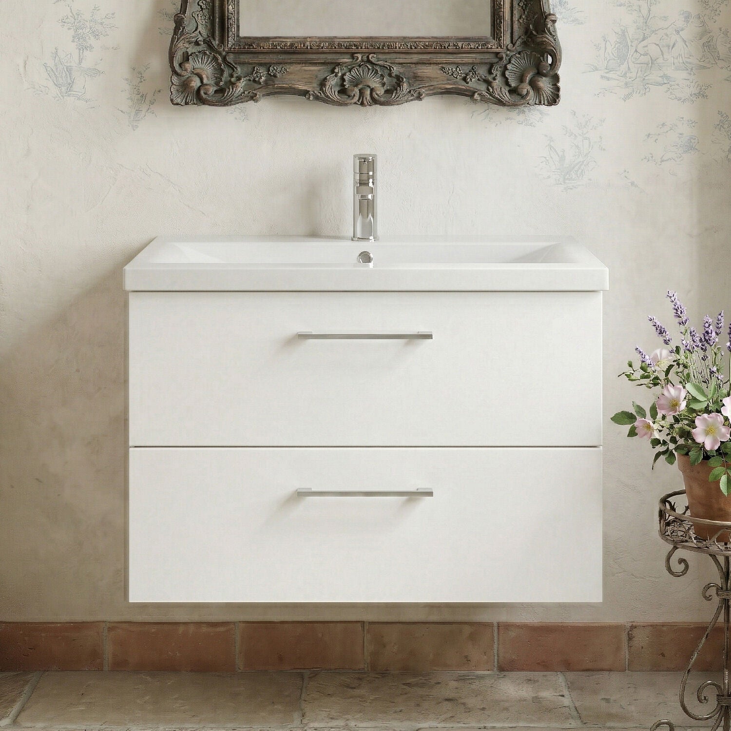 [BFLE126A] Bramshall Wall Hung 2 Drawer Vanity Unit with Mid-Edge Ceramic Basin - Choice of Colour, Handle Finish and Size - Silo