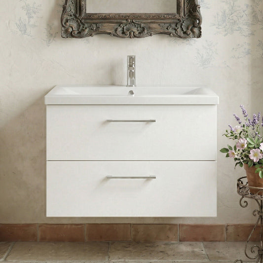 [BFLE126A] Bramshall Wall Hung 2 Drawer Vanity Unit with Mid-Edge Ceramic Basin - Choice of Colour, Handle Finish and Size - Silo