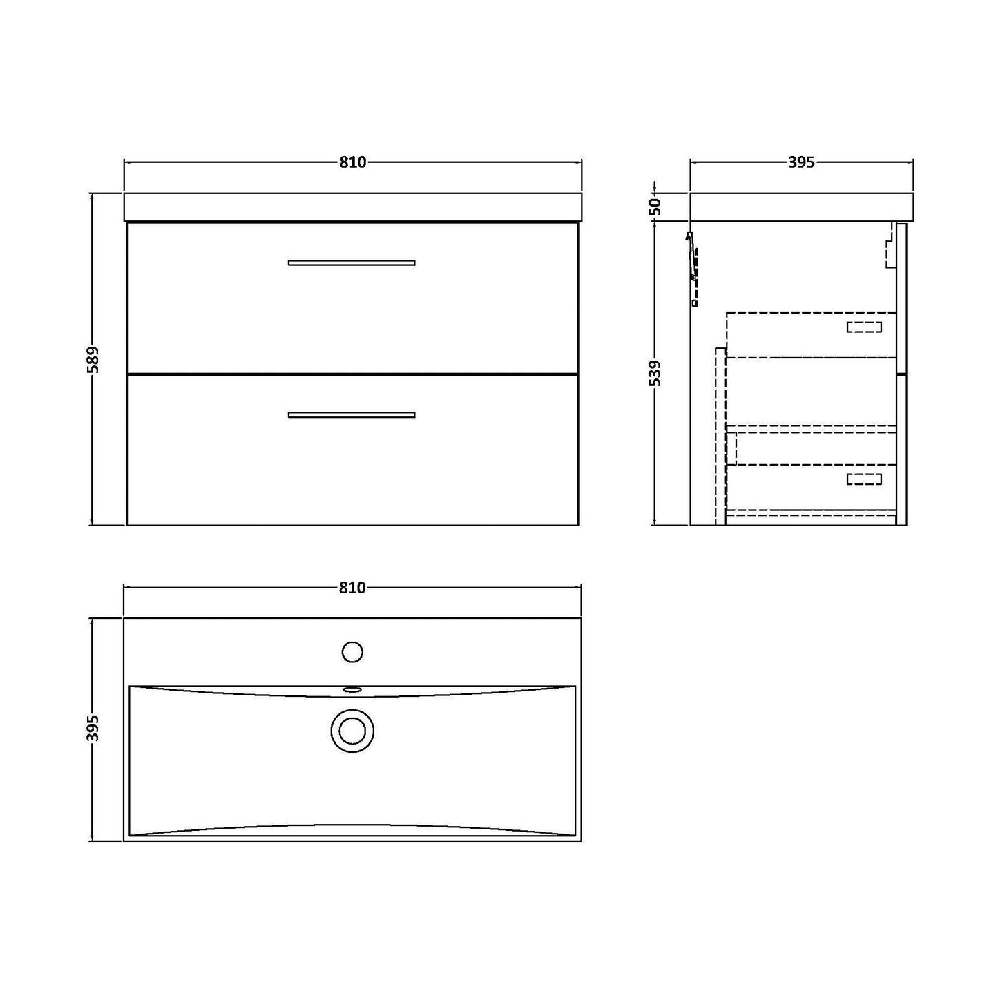 [BFLE126D] Balterley  Contemporary Bathroom 2 Soft Close Drawer & Thin-Edge Vanity Unit Basin, Gloss White, 800mm - Technical Drawing