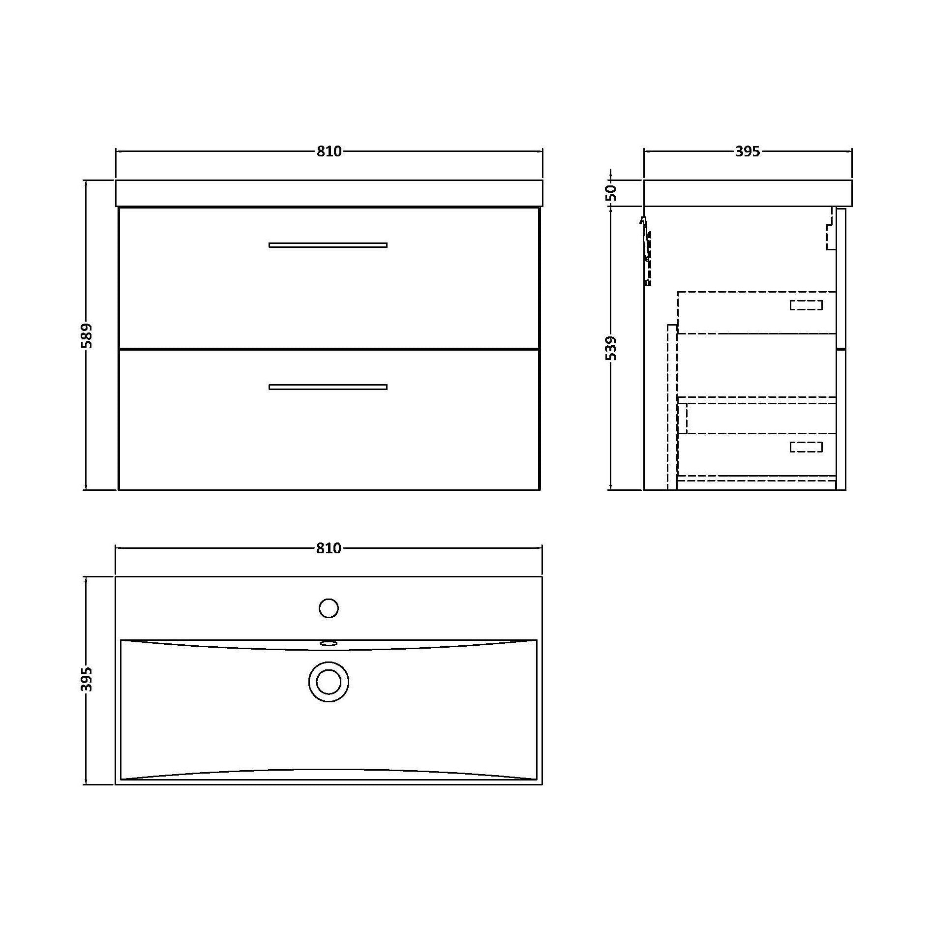 [BFLE126D] Balterley  Contemporary Bathroom 2 Soft Close Drawer & Thin-Edge Vanity Unit Basin, Gloss White, 800mm - Technical Drawing
