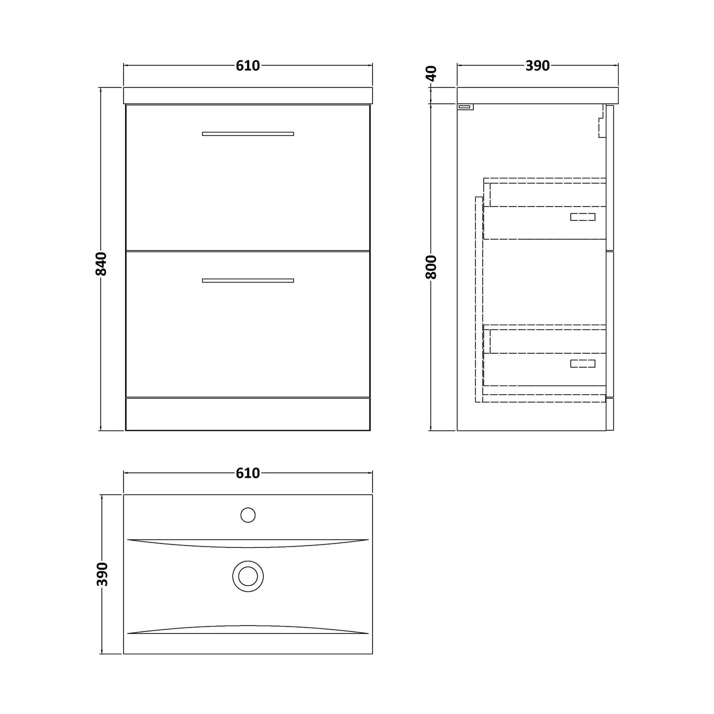 [BFLE133A] Balterley Modern Bathroom 2 Drawer Floor Standing Vanity Unit & Rectangular Mid-Edge Basin, Gloss White, 600 mm - Technical Drawing