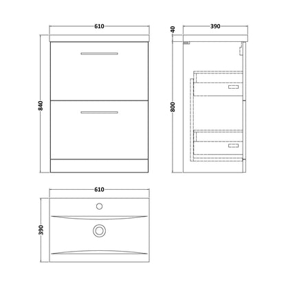 [BFLE133A] Balterley Modern Bathroom 2 Drawer Floor Standing Vanity Unit & Rectangular Mid-Edge Basin, Gloss White, 600 mm - Technical Drawing