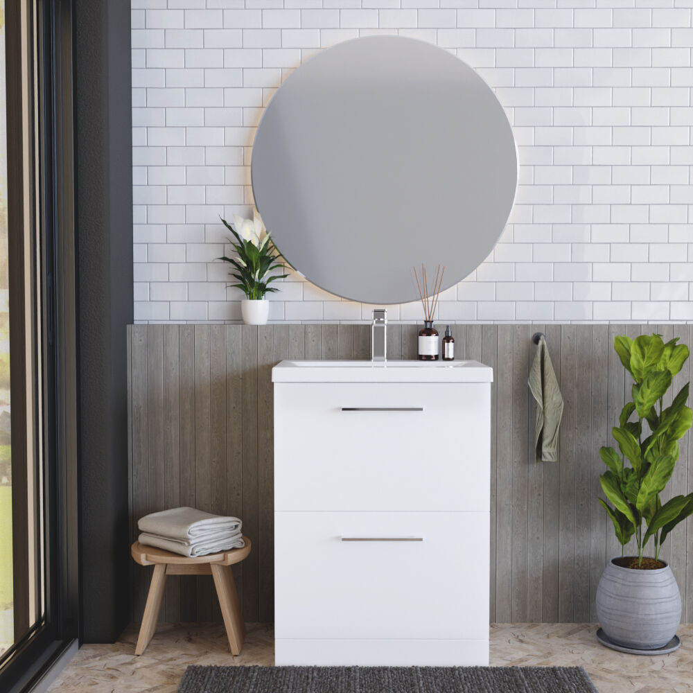 [BFLE133A] Balterley Modern Bathroom 2 Drawer Floor Standing Vanity Unit & Rectangular Mid-Edge Basin, Gloss White, 600 mm - Lifestyle 1
