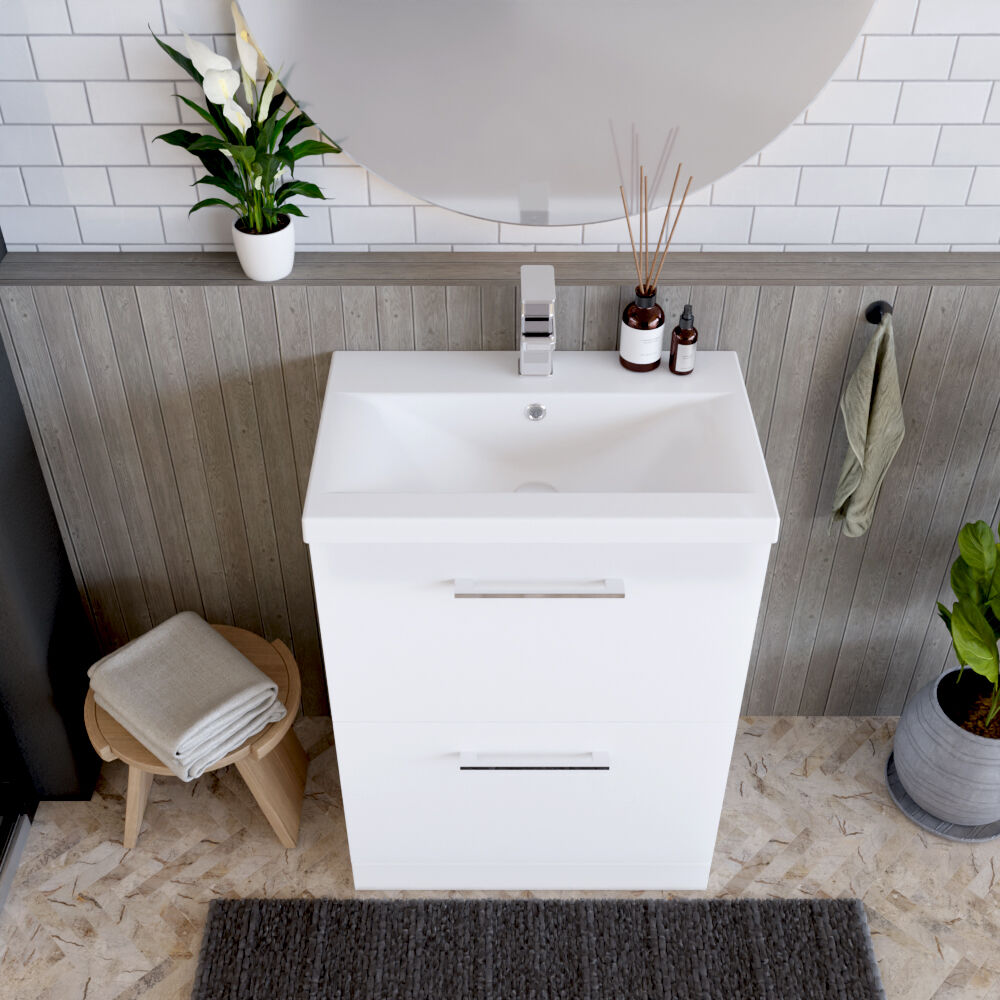 [BFLE133A] Balterley Modern Bathroom 2 Drawer Floor Standing Vanity Unit & Rectangular Mid-Edge Basin, Gloss White, 600 mm - Lifestyle 2