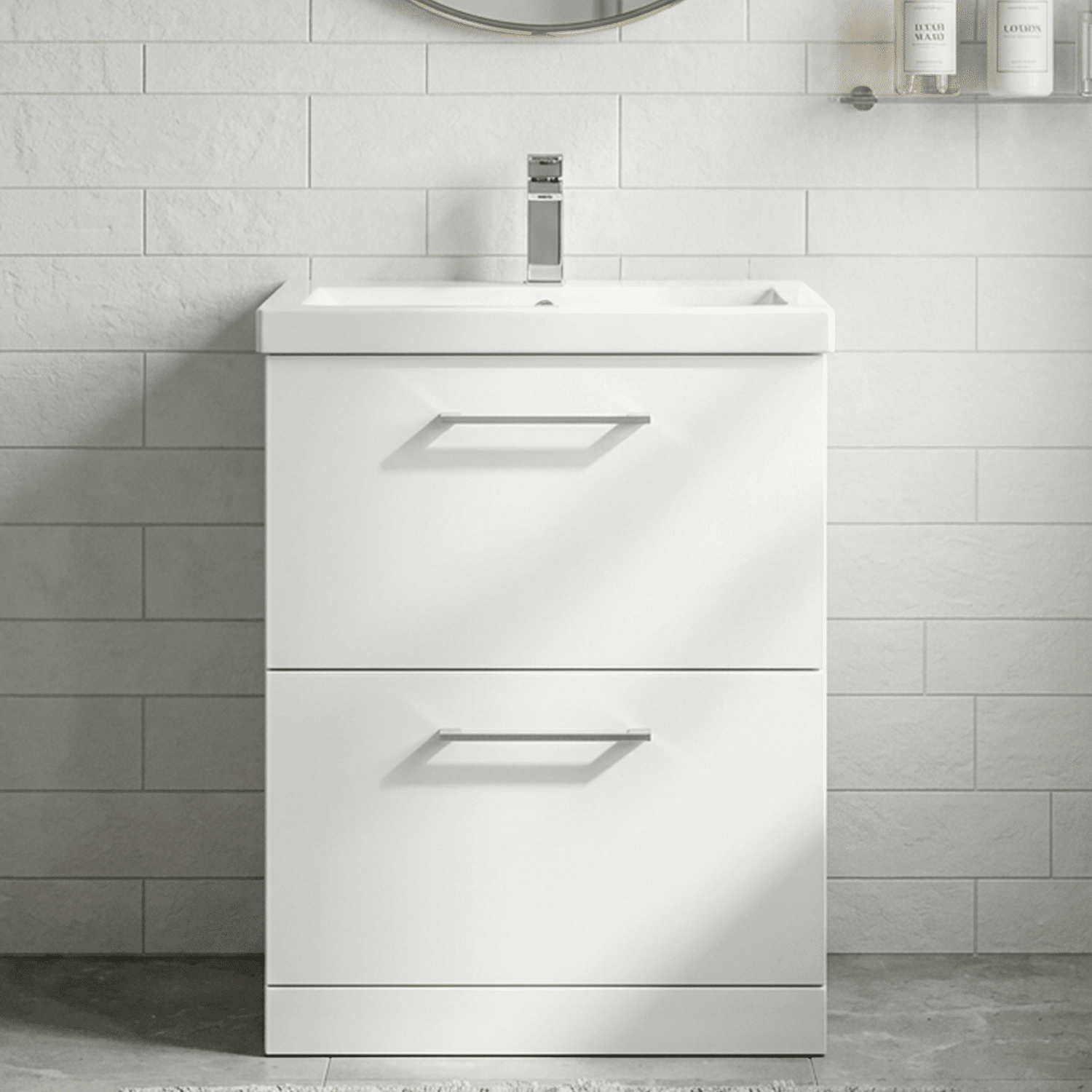 [BFLE133A] Balterley Modern Bathroom 2 Drawer Floor Standing Vanity Unit & Rectangular Mid-Edge Basin, Gloss White, 600 mm - Silo
