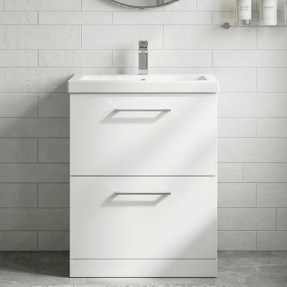 [BFLE133A] Balterley Modern Bathroom 2 Drawer Floor Standing Vanity Unit & Rectangular Mid-Edge Basin, Gloss White, 600 mm - Silo